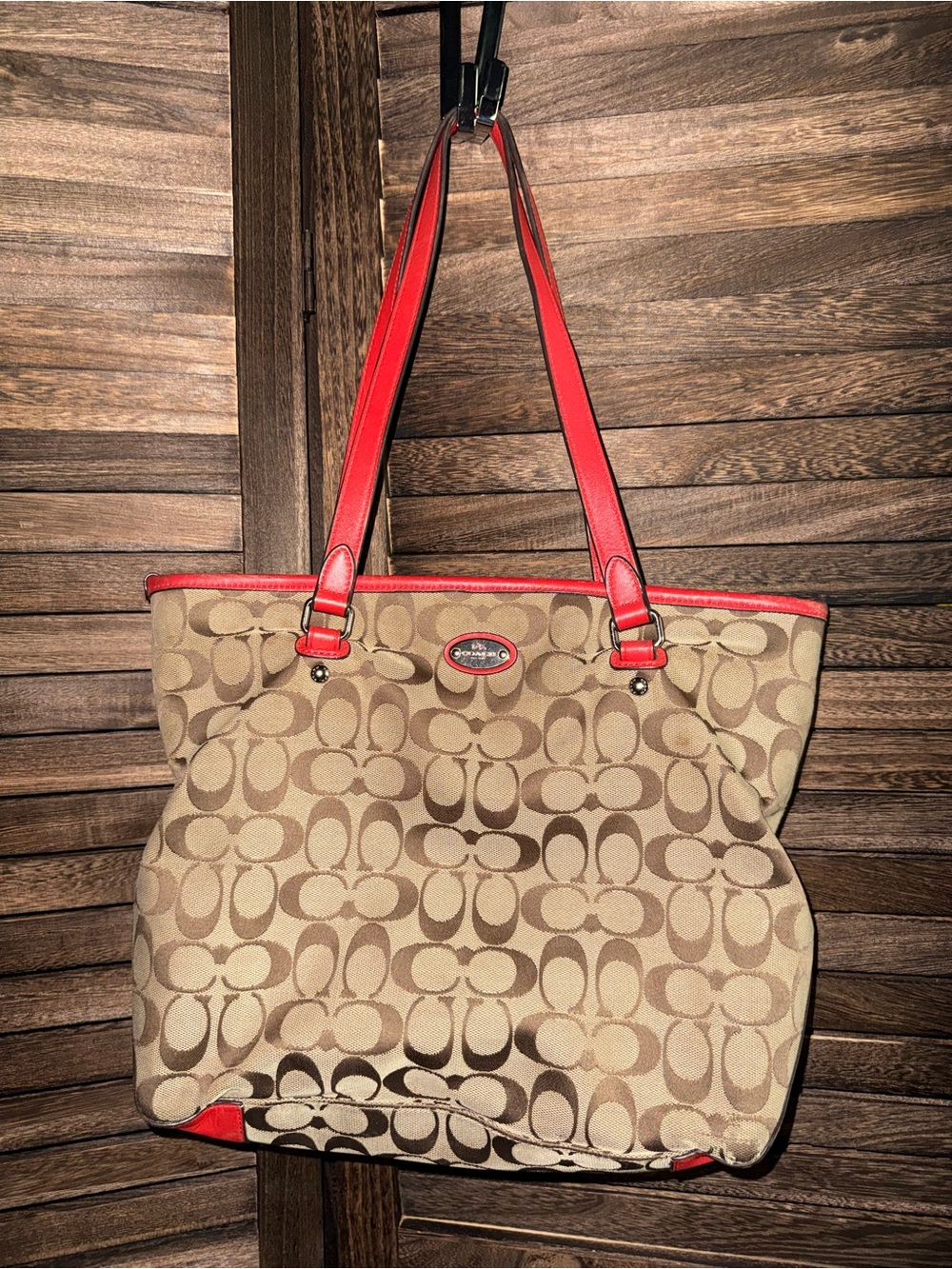 Coach F36375 Signature Zip Top Tote Khaki Brown Cardinal Red